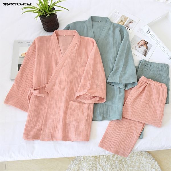 

nhkdsasa kimono pajamas v-neck cotton crepe pijamas women 2 piece set double layer gauze sleepwear sleep men homewear mujer 220329, Black;red