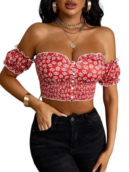

sxy off the shoulder plants print shirred ruffle detail 28xq#, White