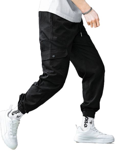 

men flap pocket drawstring cargoÂ pants r0t5#, Black