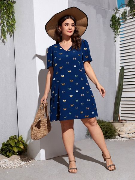 

plus allover butterfly print puff sleeve dress c6kd#, Black