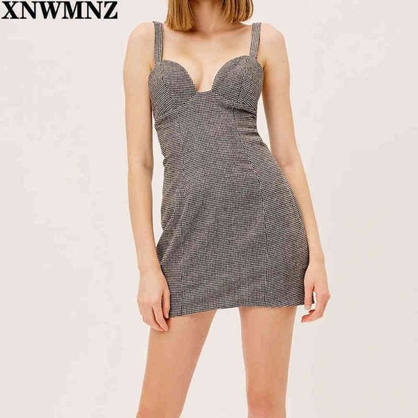 

xnwmnz vintage women houndstooth mini dress casual wide adjustable straps zipper fashion fitted silhouette dresses 210513, Black;gray