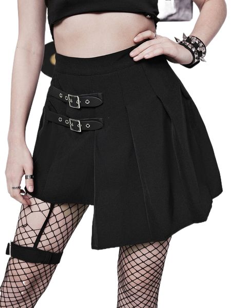 

buckle belted detail asymmetrical hem skirt m28y#, Black