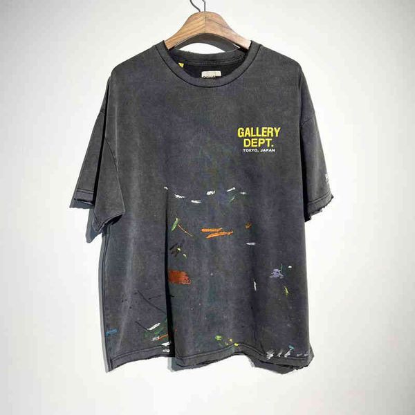 

designer shirt gallerydept industry fried heavy color washing color painting graffiti worn t-shirt high street loose short sleeve tee male, White;black