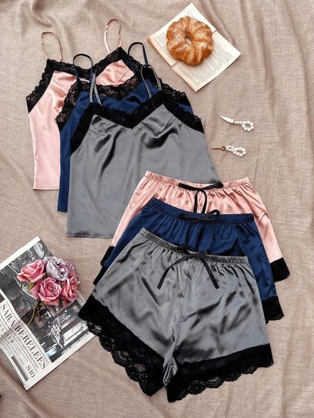

3sets lace trim cami & shorts night set w7c6#, Black;red