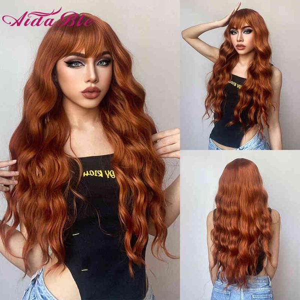 

nxy wigs orange red synthetic with bangs long water wave for women blue/blonde/ginger cosplay party heat resistant wig220701, Black;brown