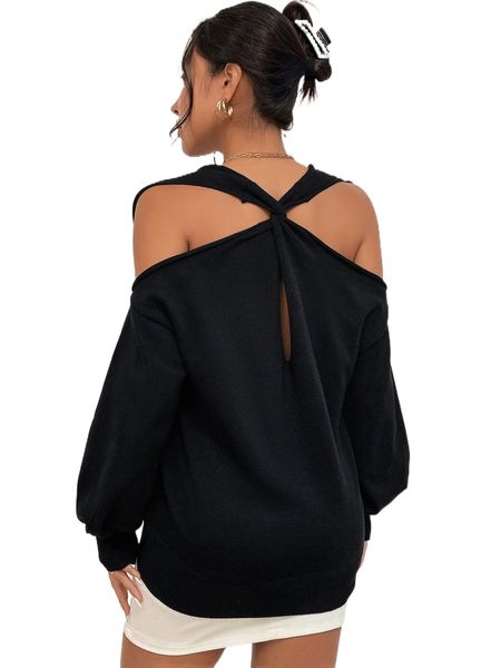 

twist back cold shoulder sweater d4x6#, White;black