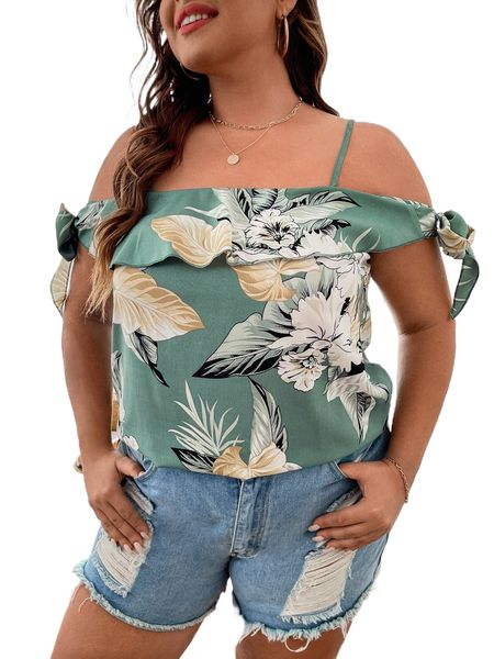 

plus floral print cold shoulder knot side blouse k5iz#, Black