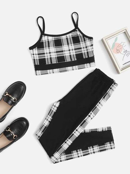 

girls plaid cami & leggings set she, White