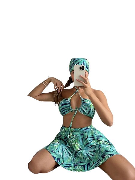 

tropical print bikini swimsuit with beach skirt & bandana n9fi#, White;black