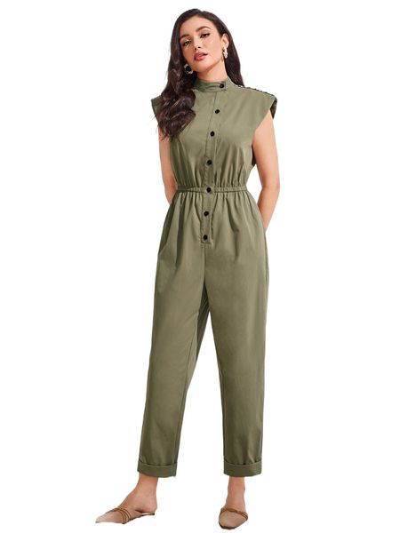 

contrast letter tape shoulder pads button front jumpsuit o5ob#, Black;white
