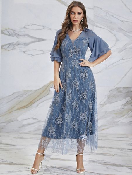 

layered butterfly sleeve floral lace dress f8k3#, Black;gray