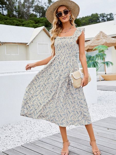 

allover floral print shirred bust dress 79lz#, Black;gray