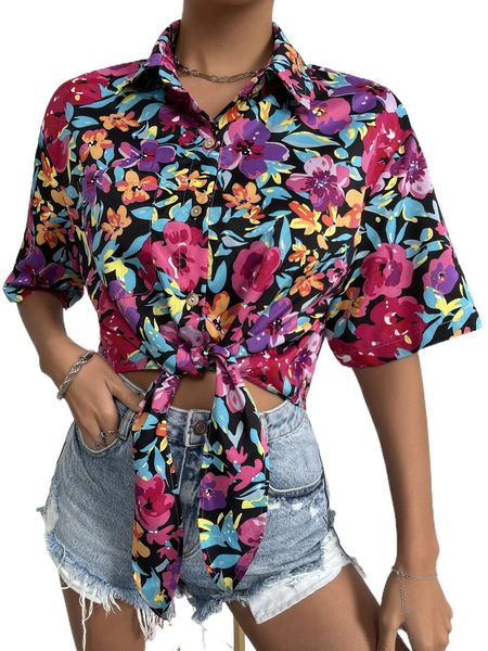 

allover floral print knot hem blouse j5xl#, White