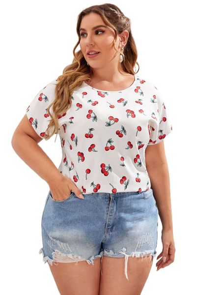 

plus cherry print batwing sleeve blouse w75r#, Black