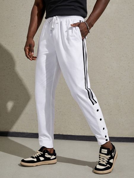 

men contrast tape button hem pants m98a#, Black