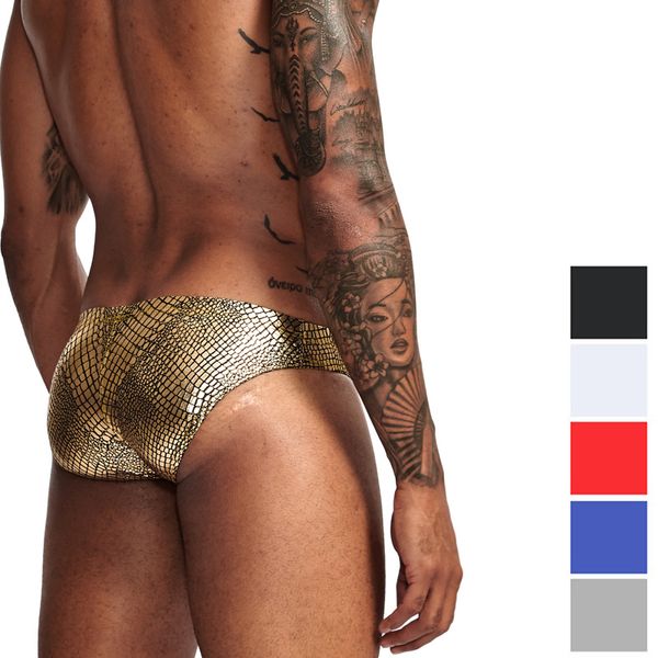 Pelle di serpente DELL'UNITÀ di elaborazione Degli Uomini di Cuoio Slip Bikini Sexy U Convesso gay Biancheria Intima Degli Uomini Della Biancheria Intima calzoncillos hombre slip sacchetto del pene perizoma