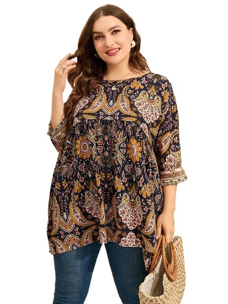 

plus floral & paisley print batwing sleeve blouse m4ww#, Black