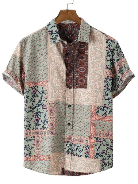 

men ditsy floral and paisley print button front shirt f2h2#, White;black