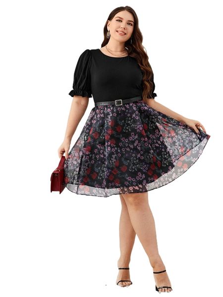 

plus floral print mesh overlay puff sleeve dress c9sa#, Black