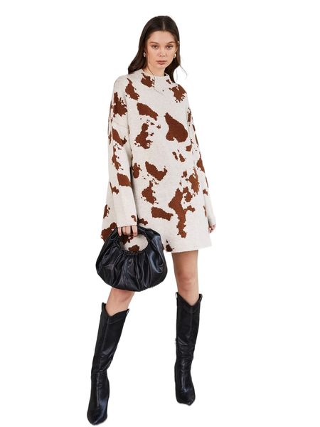 

cow pattern drop shoulder longline sweater 10pe#, White;black