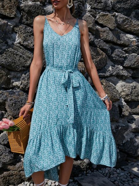 

ditsy floral print belted ruffle hem cami dress 14aj#, Black;gray