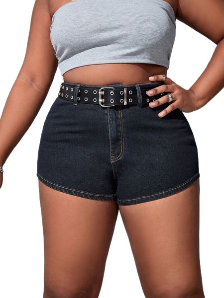 

x niki demar plus solid skinny belted denim shorts p5br#, White;black