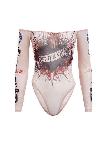 

1pc heart & slogan graphic off shoulder sheer mesh bodysuit 18eu#, White