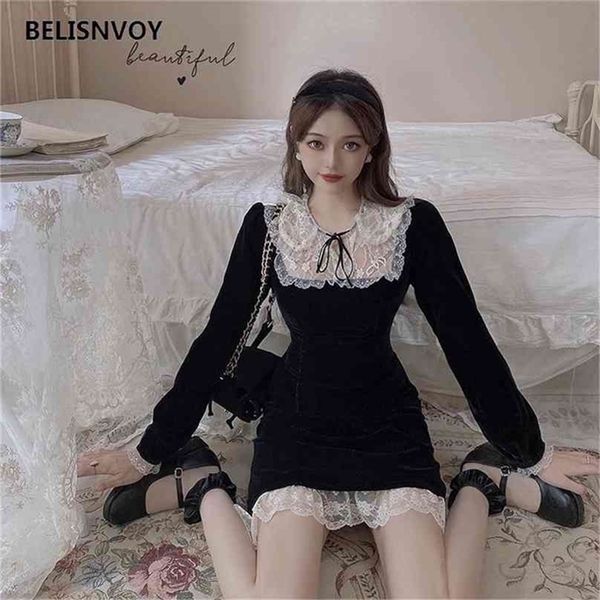 

prom dresses evening elegant chic spring fall women little dress lace ruffles ribbon hollow out gothic velvet mini 210520, Black;gray