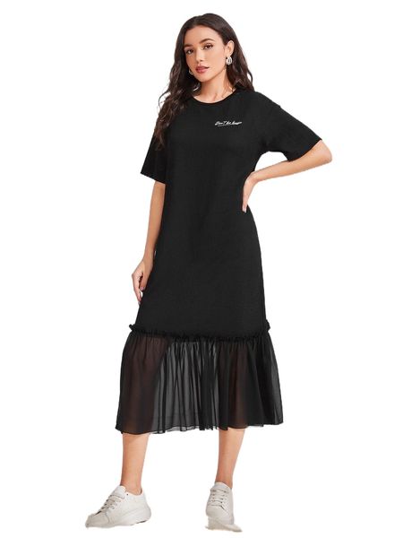 

slogan graphic drop shoulder ruffle hem dress n607#, Black;gray