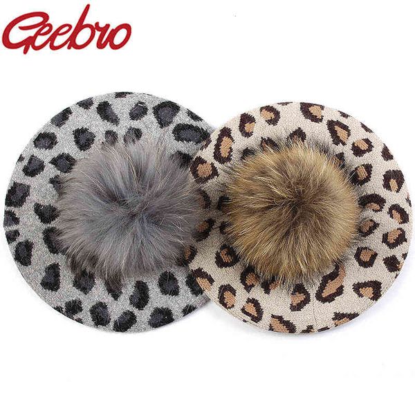 Geebro Fashion Slouchy Women Beret Hat Leopard Print Winter French Style Hood Caps per ragazze Lady Woman con pompon in vera pelliccia J220722