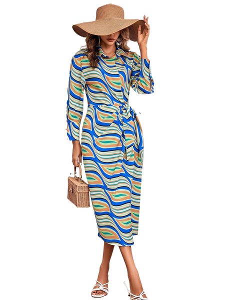 

allover print knot front wrap shirt dress s42i#, Black;gray