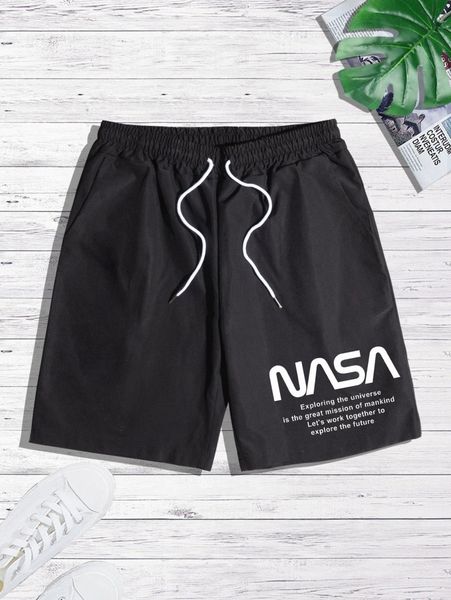 

men slogan graphic drawstring waist shorts k0ss#, White;black