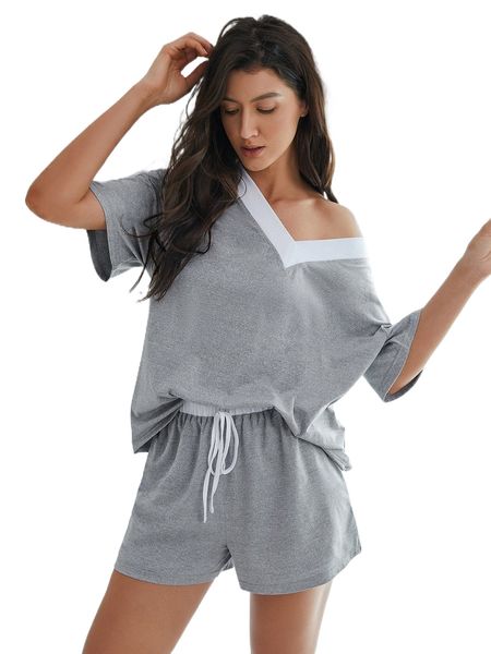 

contrast trim drop shoulder tie front lounge set o3af#, Black;red