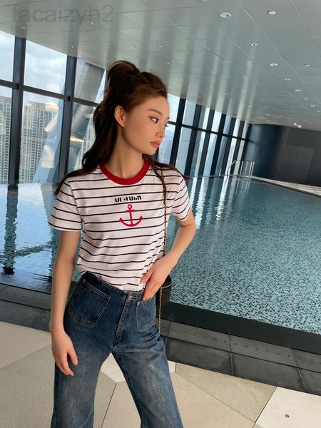 

women's t-shirt designer miu family 21 summer new navy windboat anchor stripe three dimensional embroidery stitching color contrast rou, White