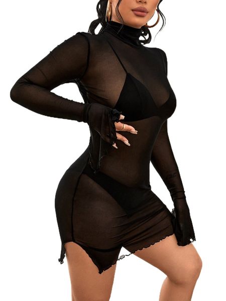 

high neck lettuce trim split hem sheer mesh bodycon dress n28f#, Black;gray