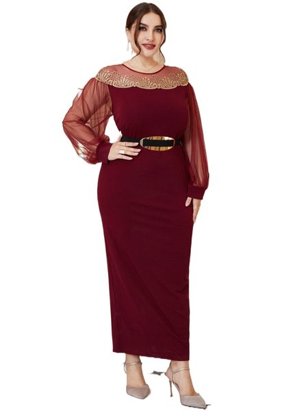 

plus applique mesh bishop sleeve slit back dress without belt e60h#, Black