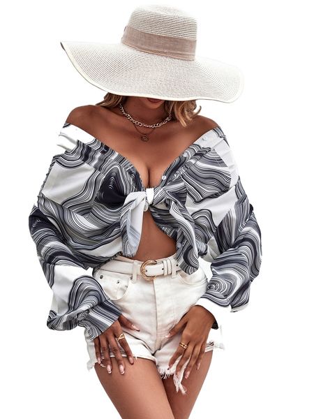 

random annual ring print dual pocket drop shoulder blouse i5sz#, White