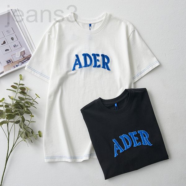 

women's t-shirt designer chao brand ader washed rough edge denim letter paste cloth embroidered t-shirt korean round neck male and fema, White