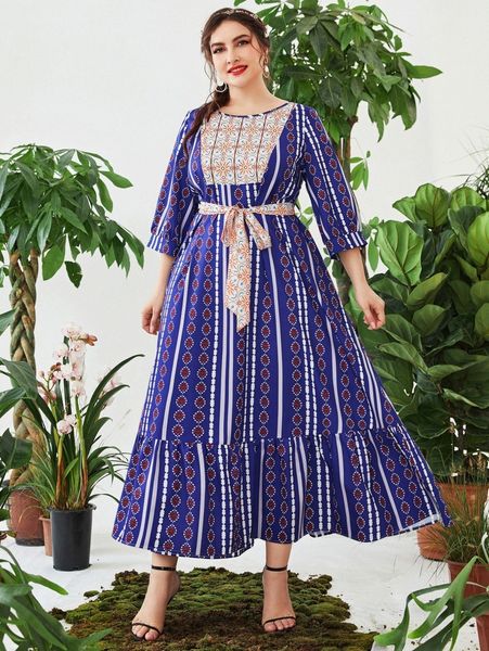 

plus vertical striped & geo print ruffle hem belted dress t8jh#, Black