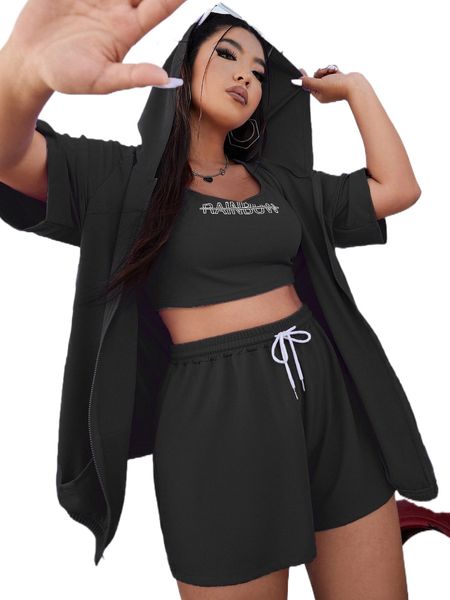 

plus letter graphic crop tank & drawstring waist shorts & hoodie r2of#, Black