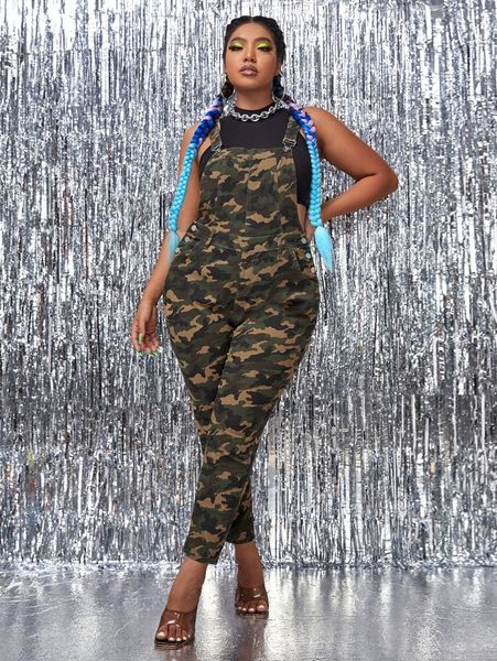 

plus camo print button denim overalls without tank e3os#, Black;white