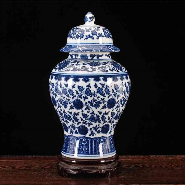 Jingdezhen jarra de cerâmica ornamento antigo azul e branco armário de TV geral tanque tankstoring tank artesanato decorativo 210409