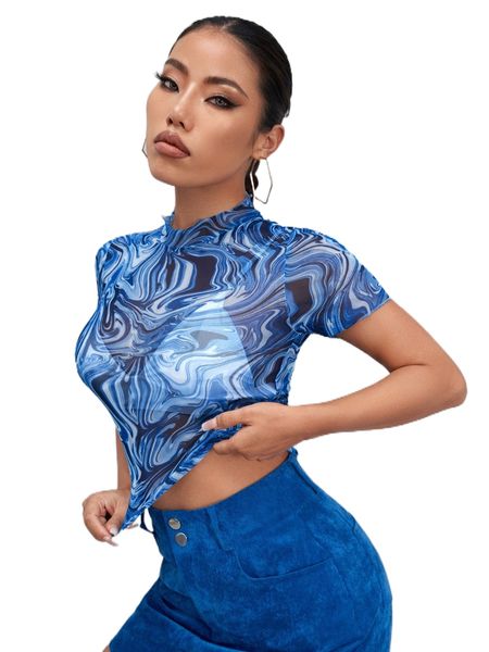 

marble print mock neck mesh without bra c3sy#, White