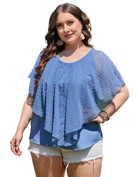 

plus contrast swiss dot panel raglan sleeve blouse v7ru#, Black