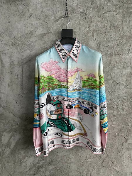 

spring and autumn new brand designer long sleeve shirt ~ high-quality silk shirts us size fashion racing print design mens luxury casual shi, White;black