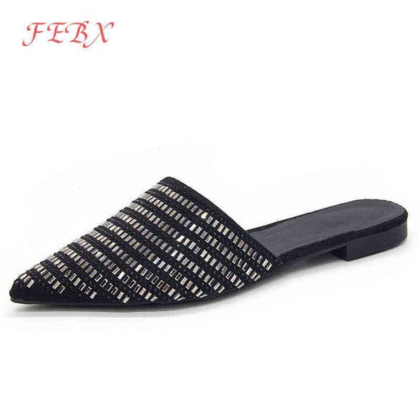 

women summer slides female mules luxury crystal pointed toe slippers ladies slip on outside elegant flats women's fashion shoes, Black