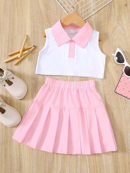 

toddler girls contrast polo neck tank & pleated skirt she, White