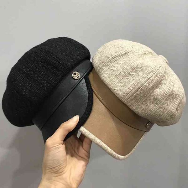 

hats pu leather beret children autumn and winter korean fashion british letter stripe octagonal sboy painter hat, Blue;gray