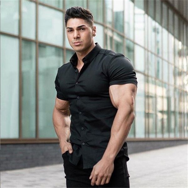 

summer fashion short sleeve shirt men super slim fit male casual social business dress brand fitness sports clothing 220322, White;black
