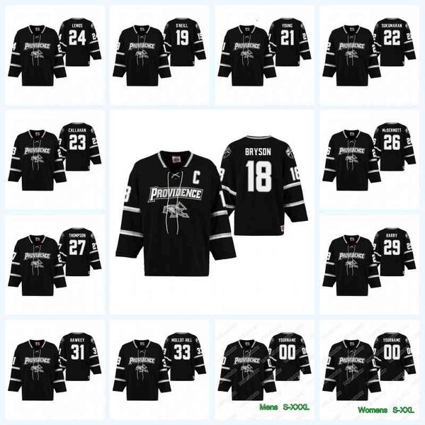 

c202 providence friars 18 jacob bryson 21 spenser young 23 michael callahan 26 john mcdermott 27 tyce thompson 31 hayden hawkey hockey jerse, Black
